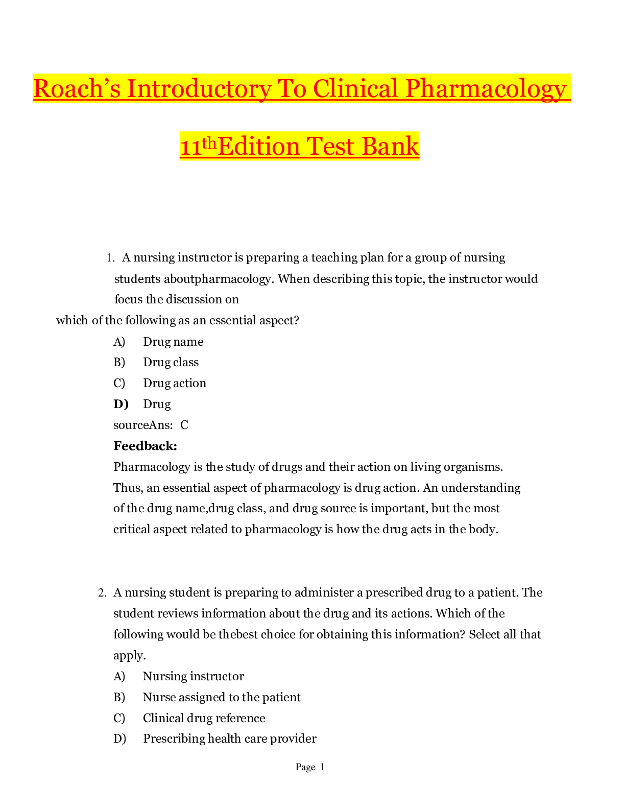Preview image for Introduction To Clinical Pharmacology 11th Edition by Roach’s_TEST BANK | Answers and Elaborations_2022/2023